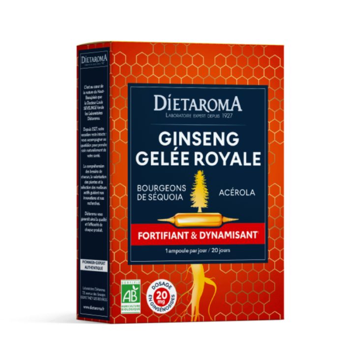 dietaroma-dietaroma-ginseng-gelee-royale-acerola-fortifiant-et-dynamisant-ampoules-20-jours-vitamines-et-formes.jpg DIETAROMA GINSENG GELEE ROYALE ACEROLA FORTIFIANT ET DYNAMISANT AMPOULES 20 JOURS – Image 1