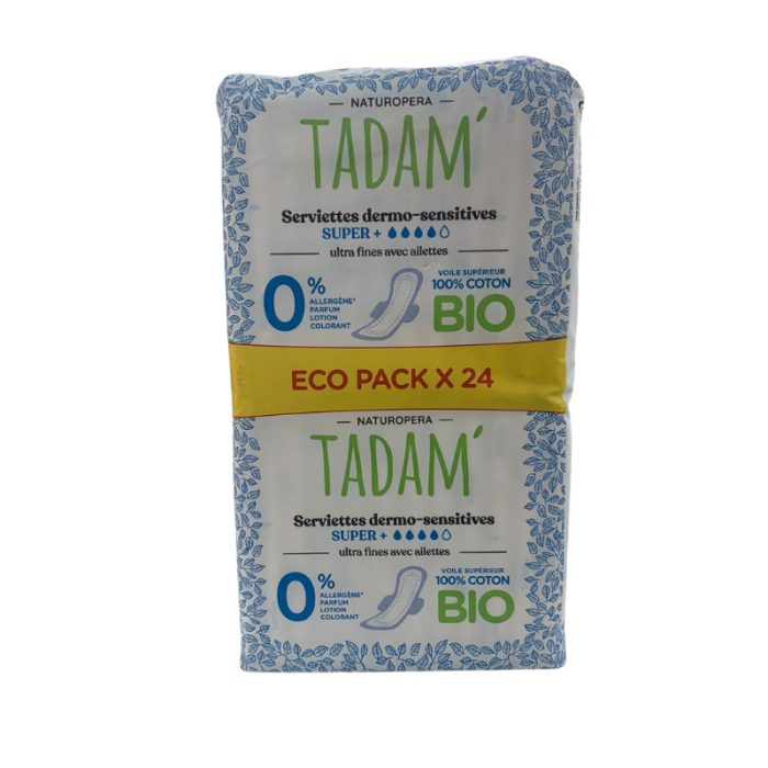 tadam-tadam-eco-pack-24-serviettes-dermo-sensitives-super-coton-bio-protections-hygieniques-et-toilette-intime.jpg TADAM ECO PACK 24 SERVIETTES DERMO SENSITIVES SUPER + COTON BIO – Image 1